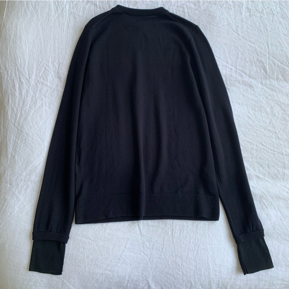 Toteme Two Tone High V Neck Knit Wool Silk Cuff Sweater Navy Blue - Picture 12 of 16